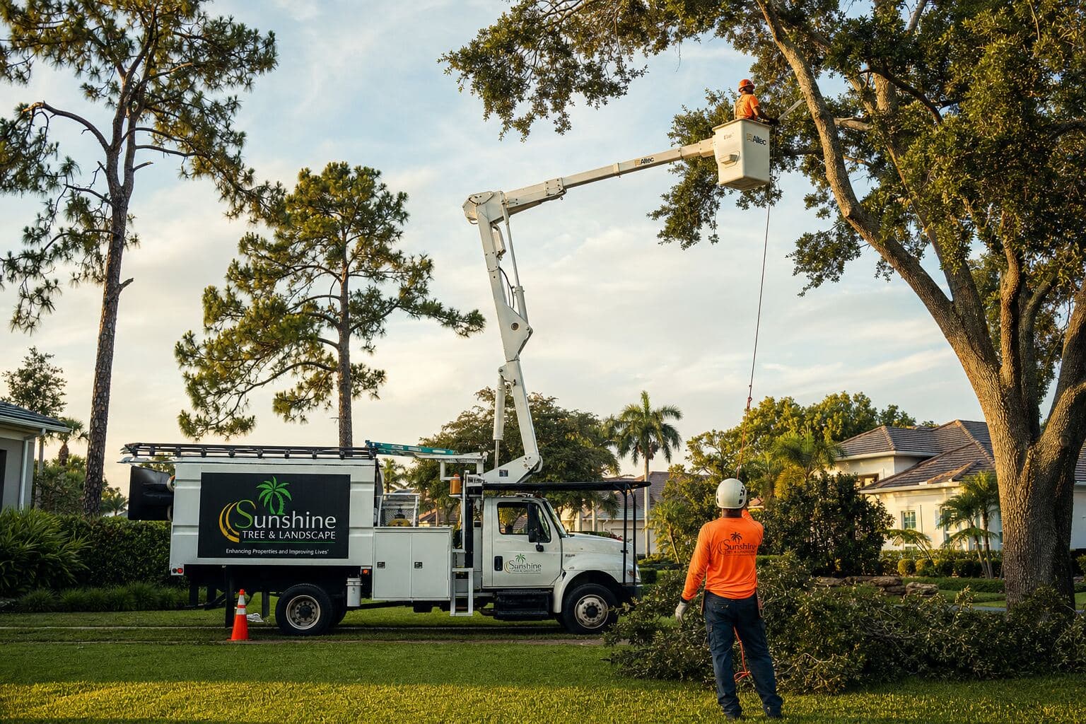 Professional Lawn and Tree Care crew trimming a large oak tree with a bucket truck in Highlands County, Florida